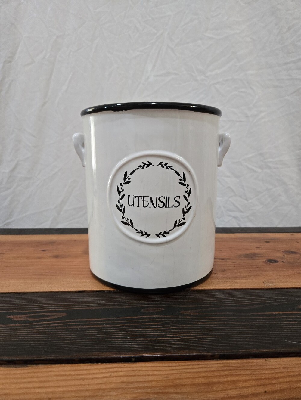 White Ceramic Utensil Holder with Black Trim